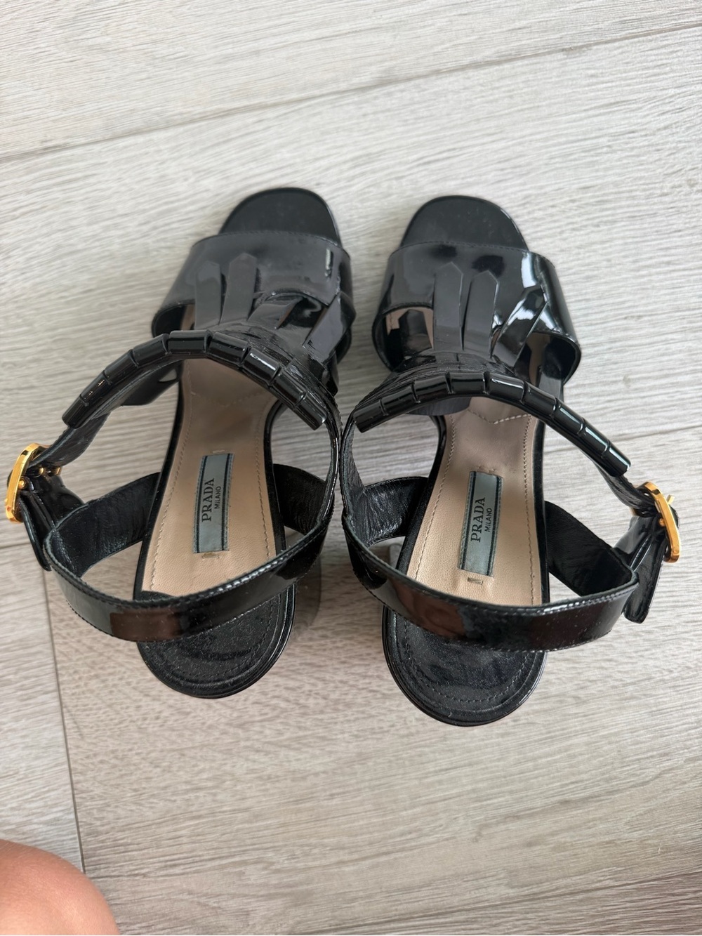 Prada Black Patent Leather Open-Toe Block Heel Sandals with Gold Buckle - Picture 3 of 4